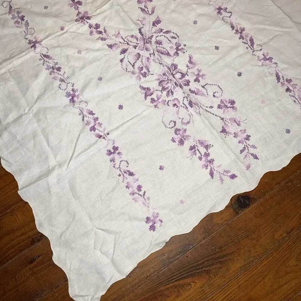 Vintage Linen Tablecloth Cross Stitch Floral Embroidery Purple 65x49